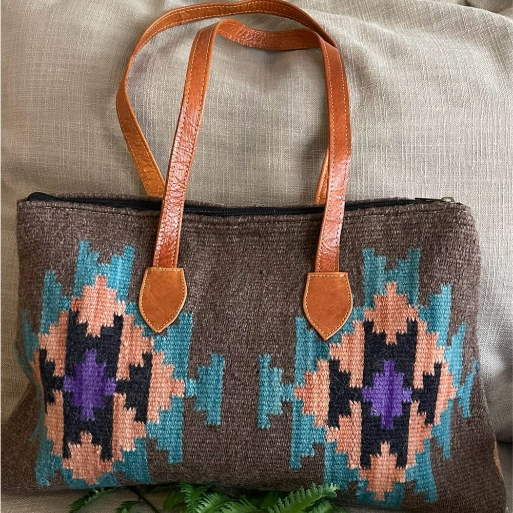 Vintage Mexican Tote Hand Loomed Mohair Wool -Aztec Pattern